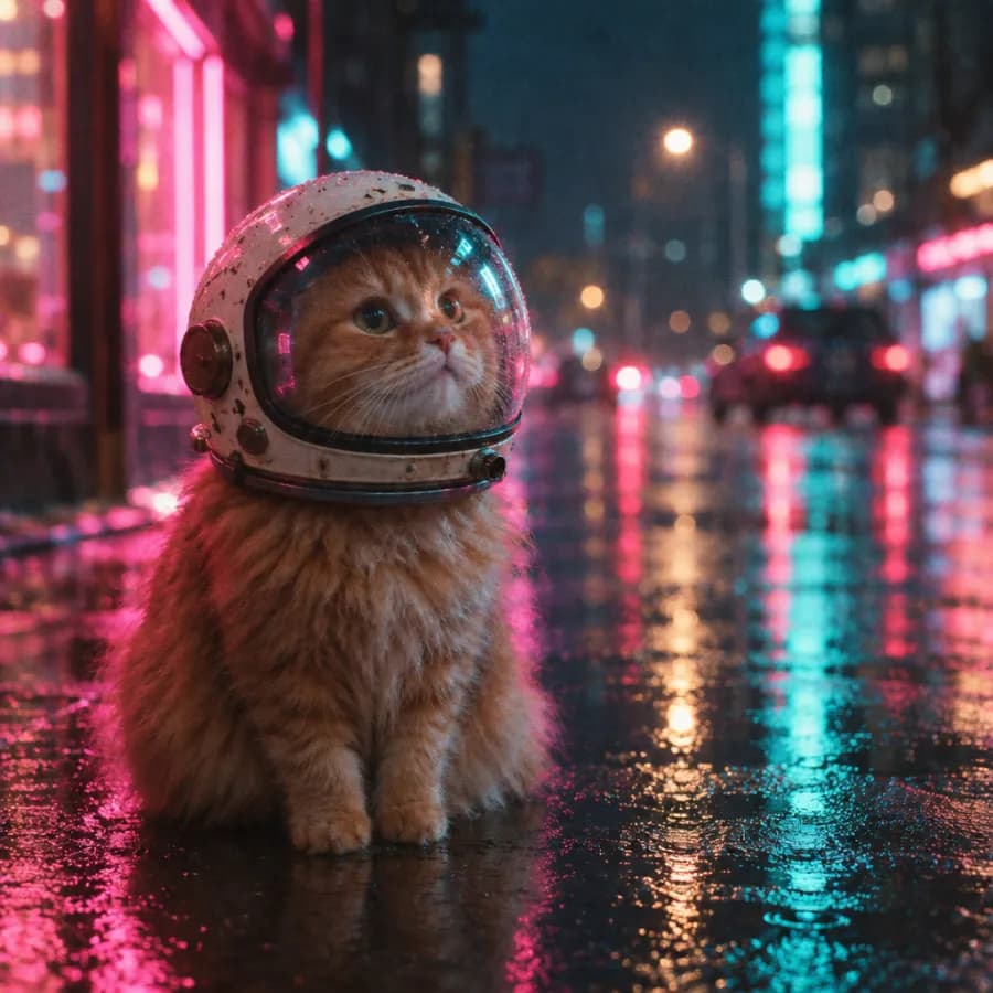 AI-generated image of an orange cat in an astronaut helmet on a rainy neon street