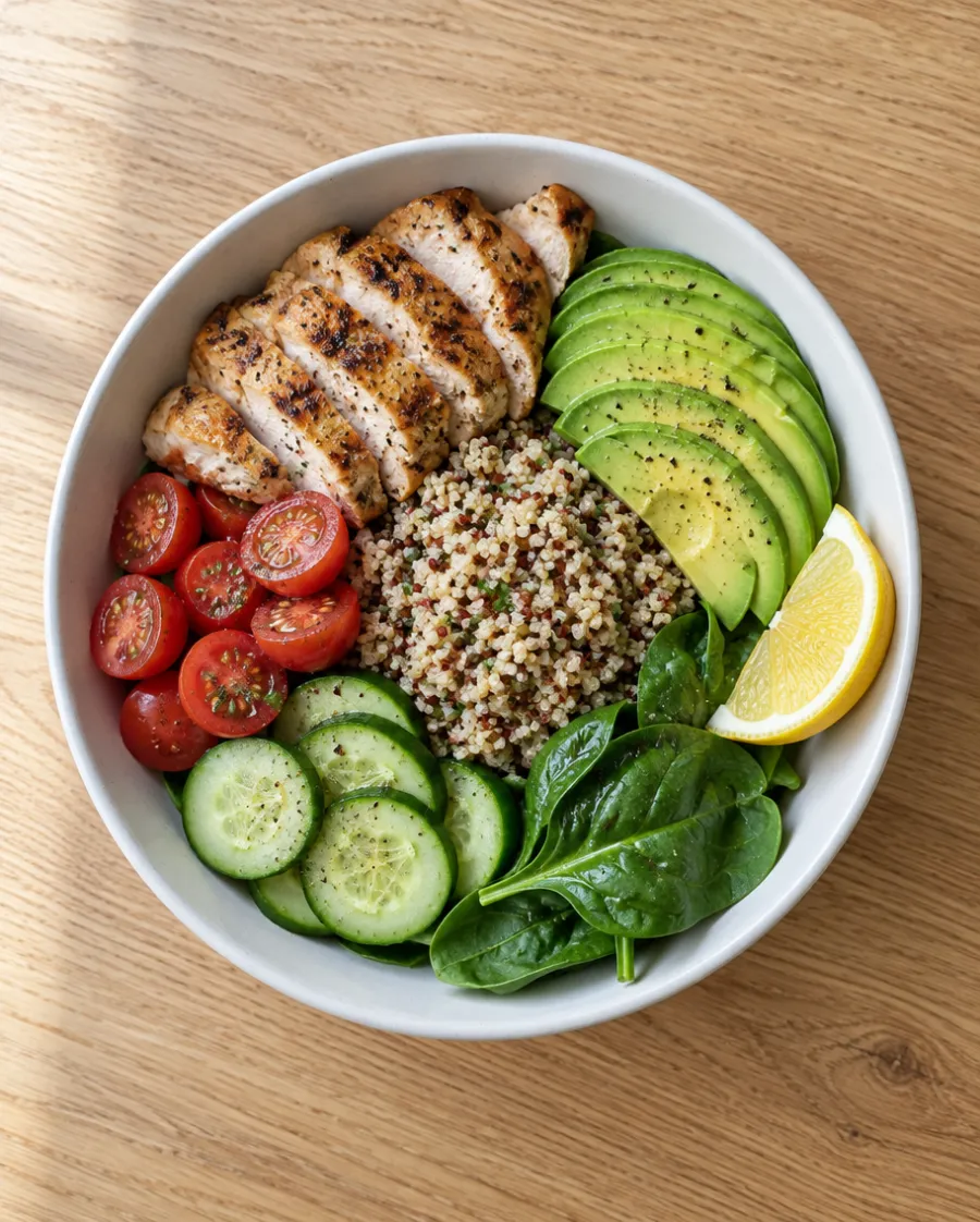 Lunch bowl with grilled chicken, quinoa, avocado, cherry tomatoes and cucumber